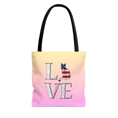 Pink & yellow colored Tote bag with 'LOVE' text  and cat silhouettes with a Stars & Stripes theme