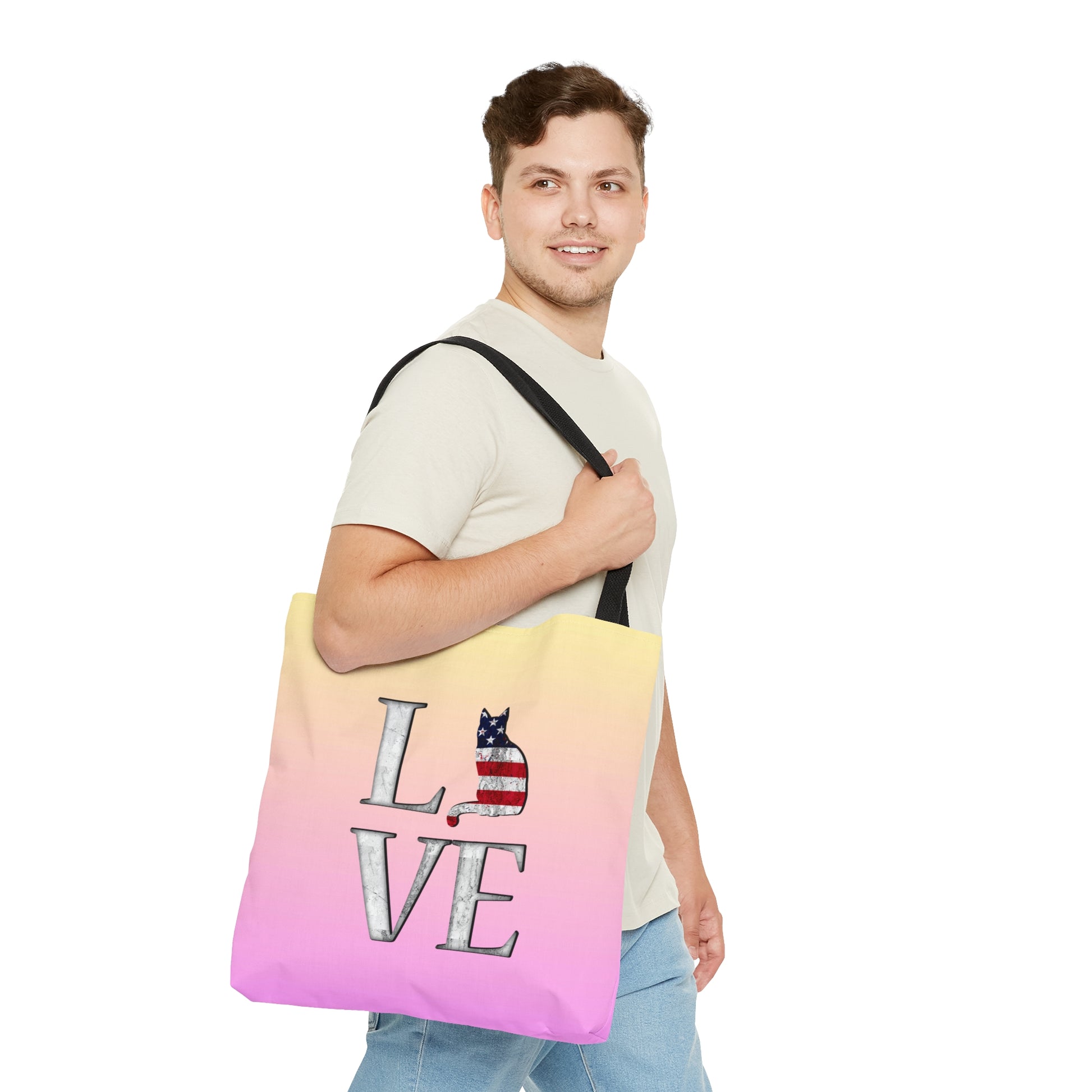 Pink & yellow colored Tote bag with 'LOVE' text  and cat silhouettes with a Stars & Stripes theme