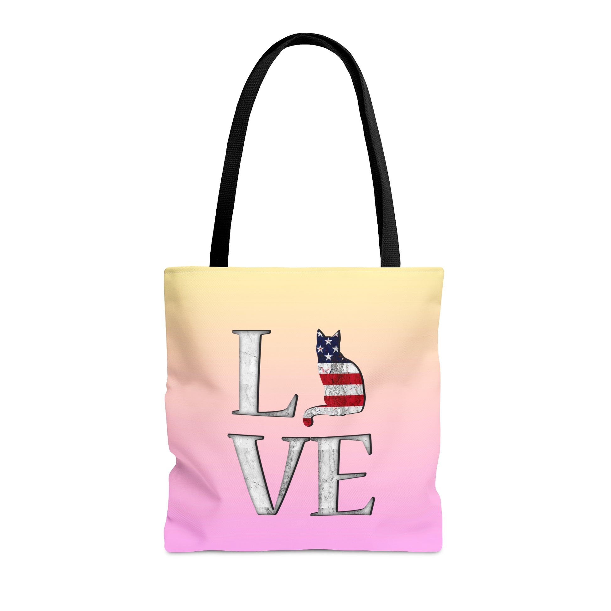 Pink & yellow colored Tote bag with 'LOVE' text  and cat silhouettes with a Stars & Stripes theme