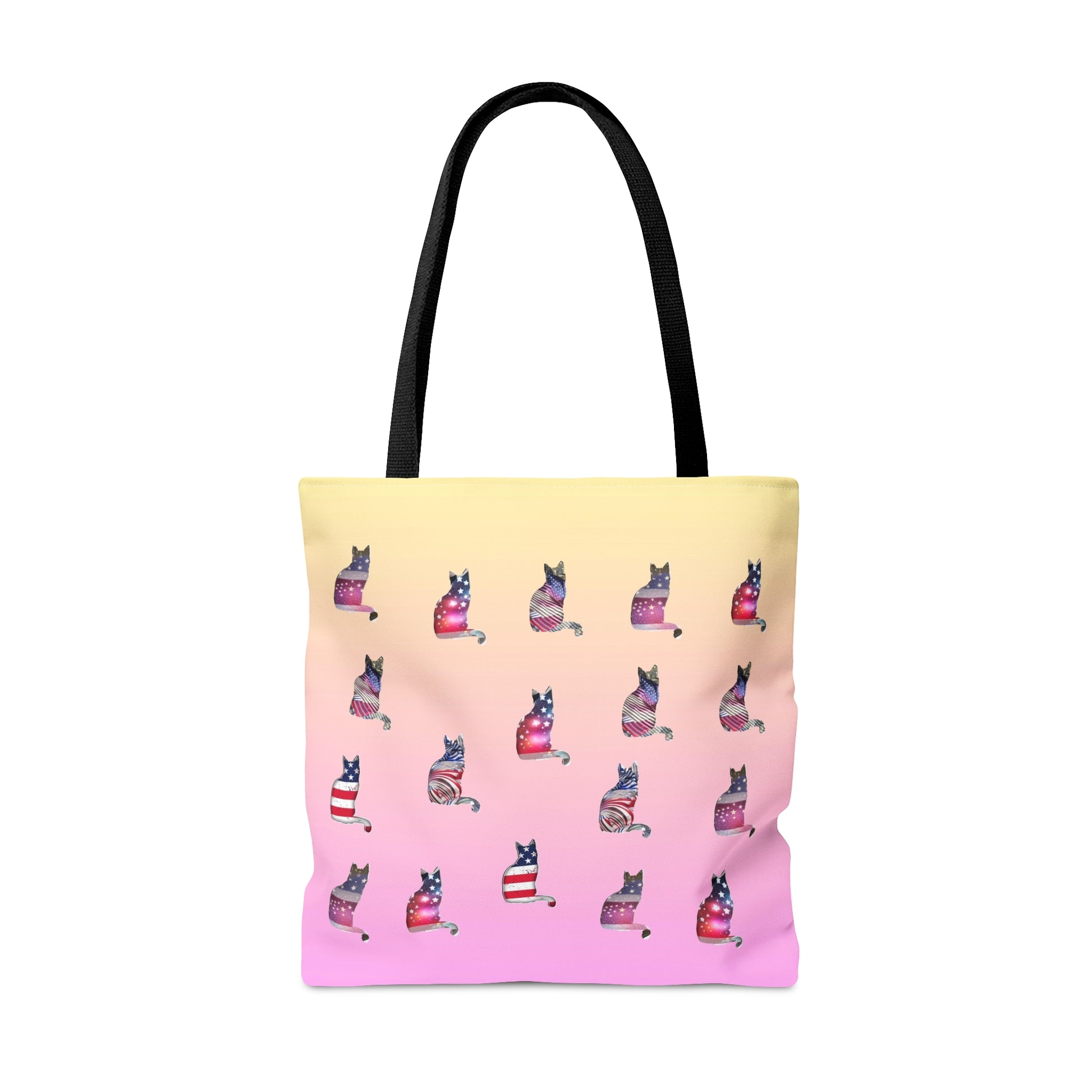 Pink & yellow colored Tote bag with 'LOVE' text  and cat silhouettes with a Stars & Stripes theme