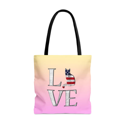 Pink & yellow colored Tote bag with 'LOVE' text  and cat silhouettes with a Stars & Stripes theme