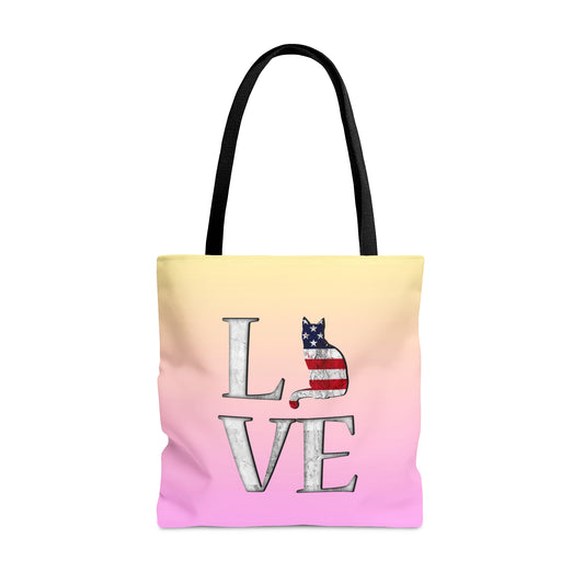 Pink & yellow colored Tote bag with 'LOVE' text  and cat silhouettes with a Stars & Stripes theme
