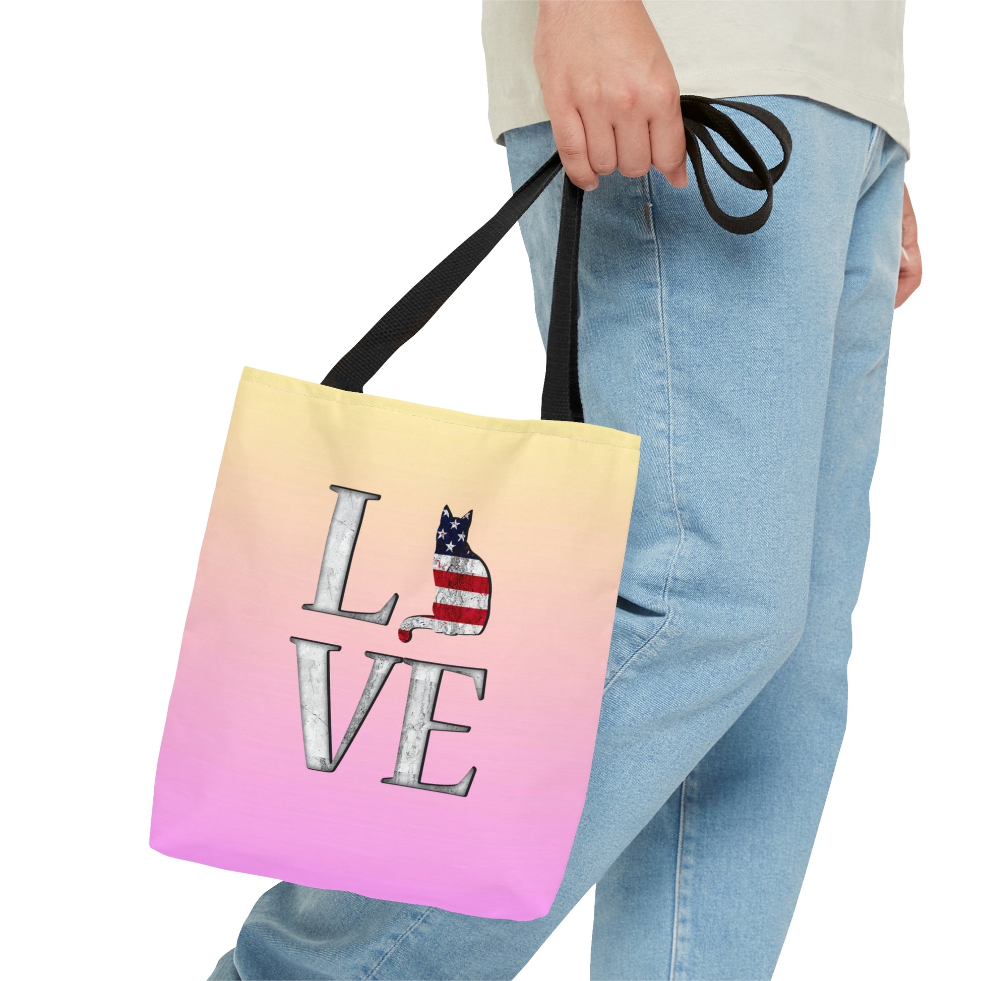 Pink & yellow colored Tote bag with 'LOVE' text  and cat silhouettes with a Stars & Stripes theme