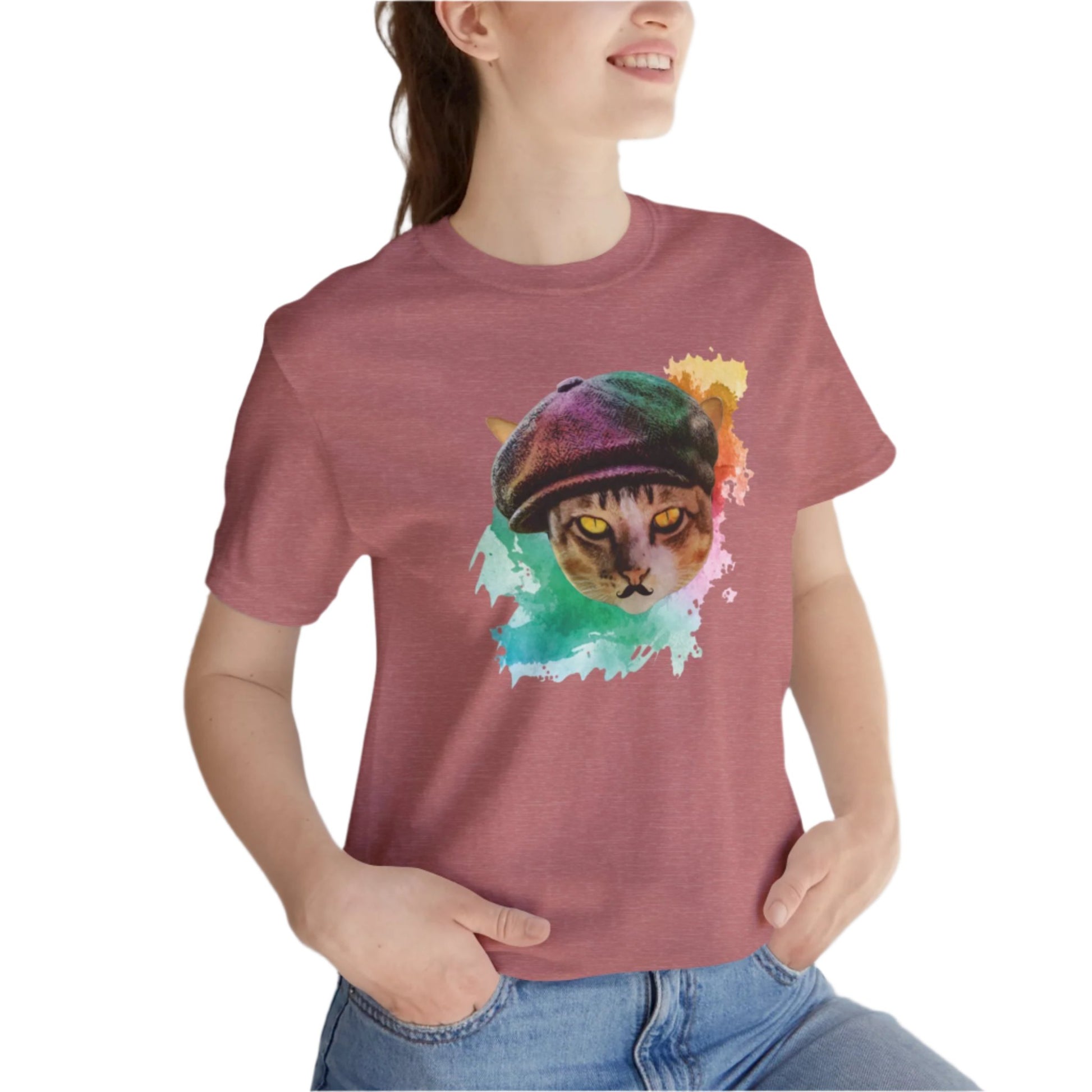 Heather Mauve Baker Boy Cat T-Shirt Unisex Crew Neck