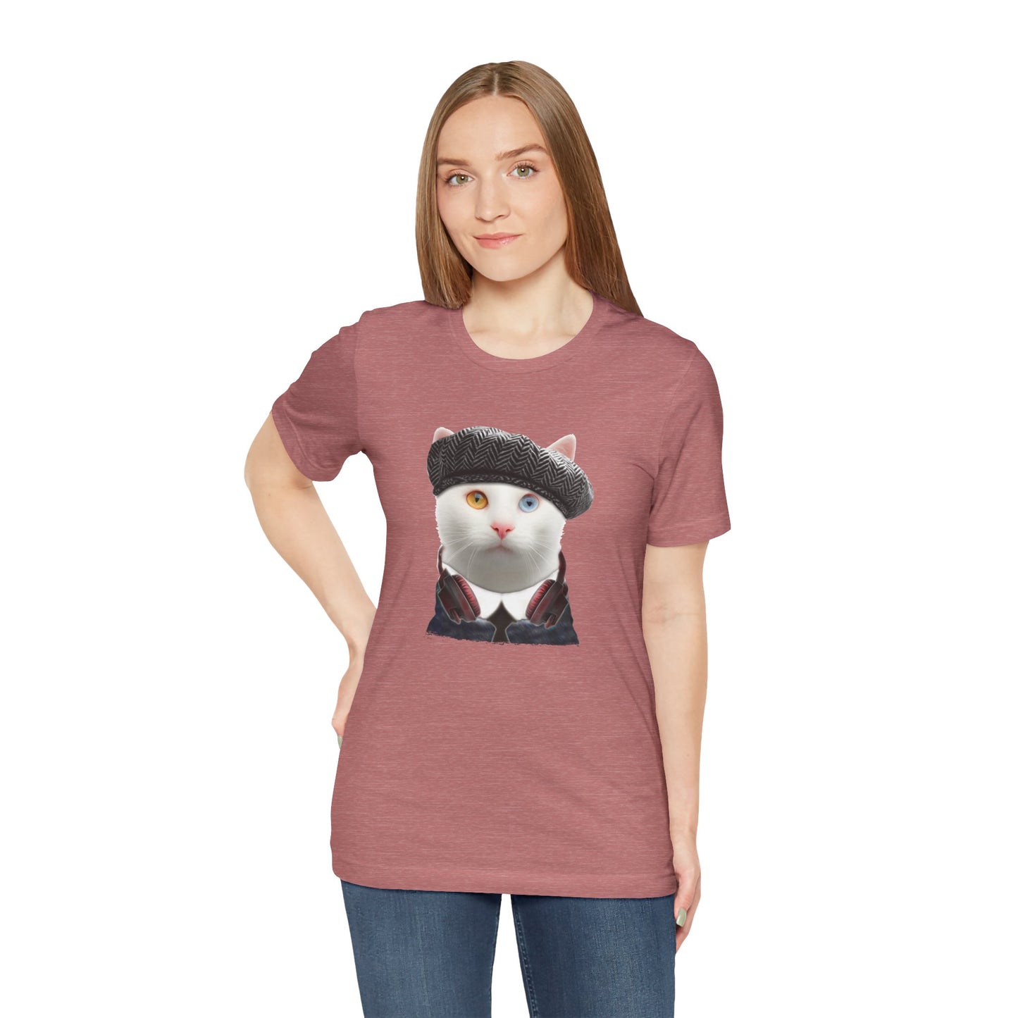 Mauve Headphones Cat T-Shirt Unisex Crew Neck