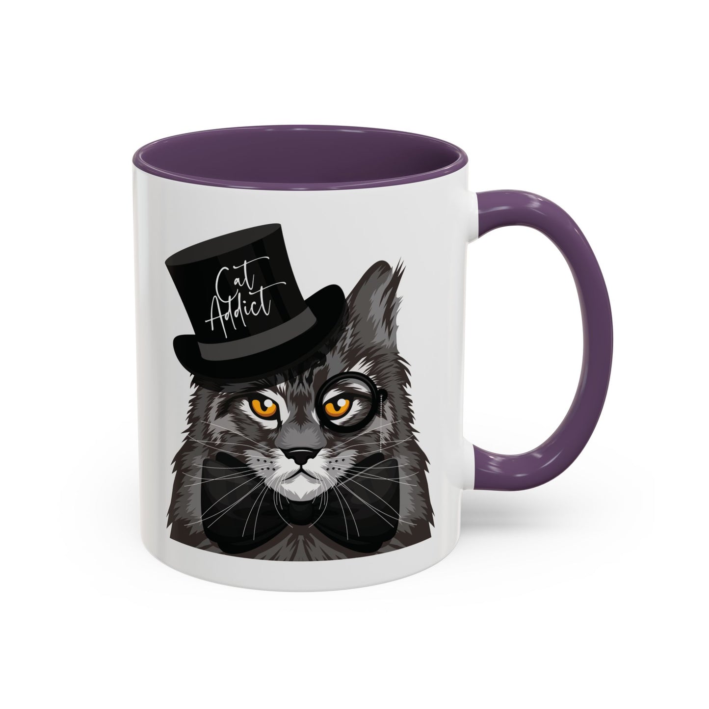 Mug with an illustration of a Maine Coon cat wearing a top hat and the text 'Cat Addict' 
