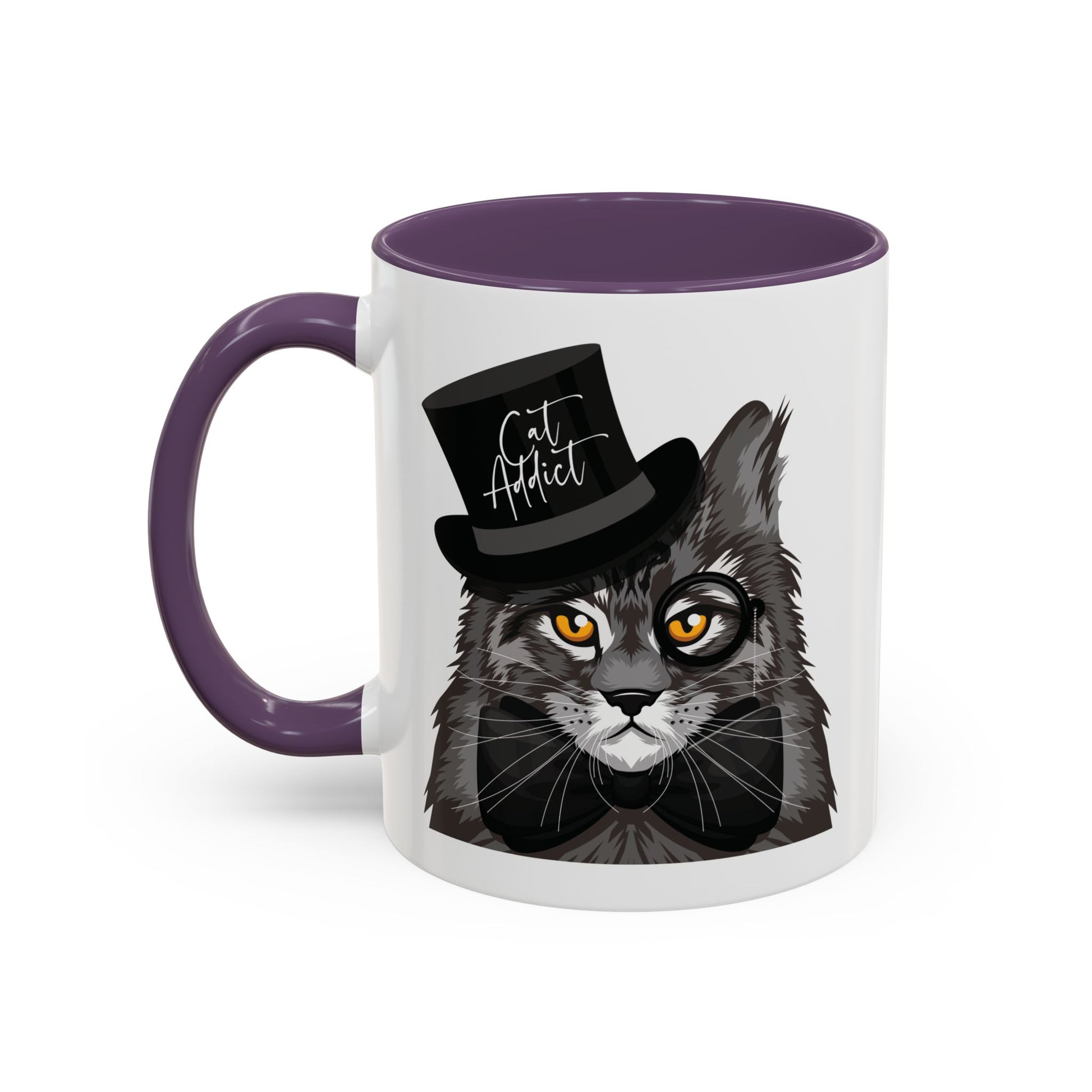 Mug with an illustration of a Maine Coon cat wearing a top hat and the text 'Cat Addict' 