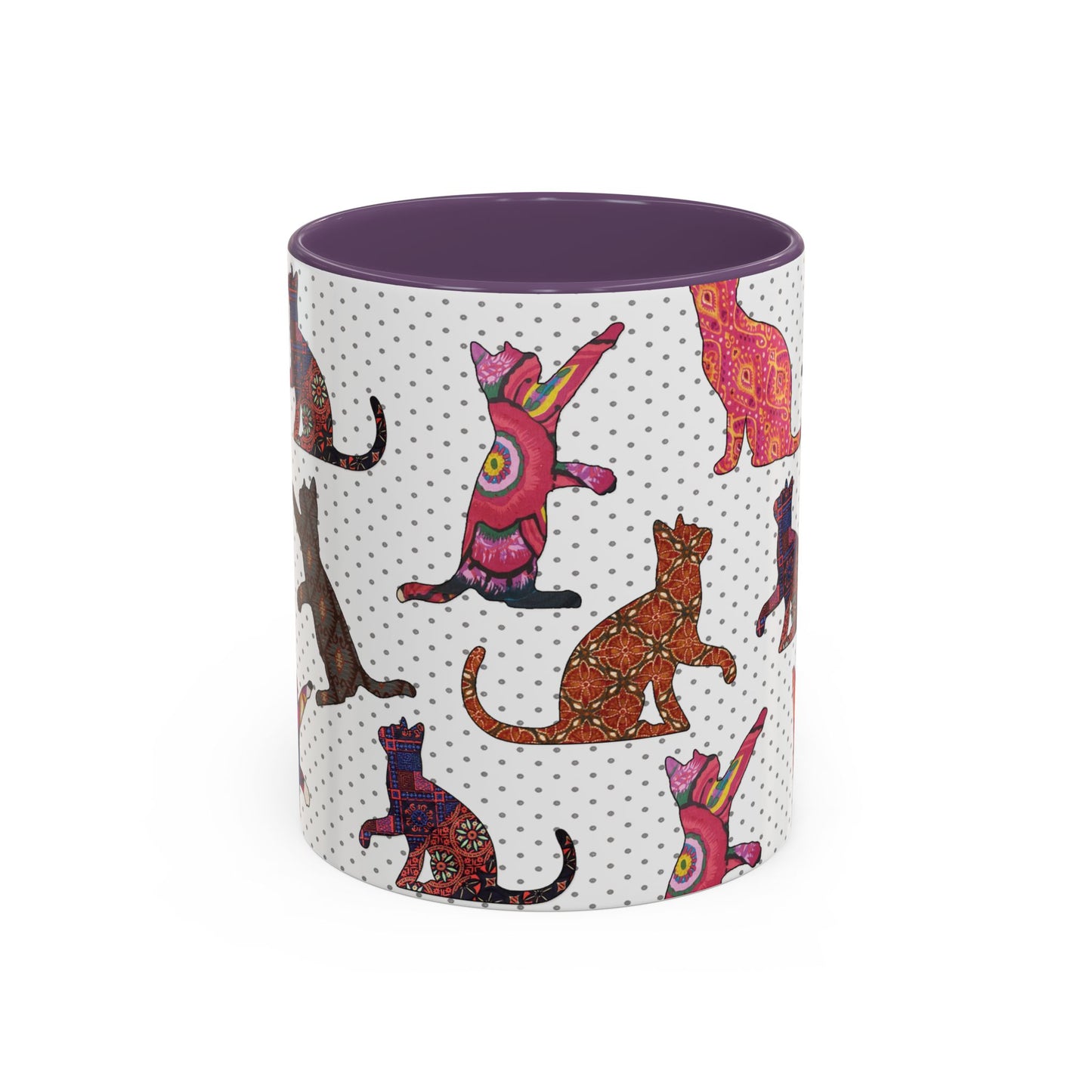 Purple mug with colorful cat silhouette pattern.