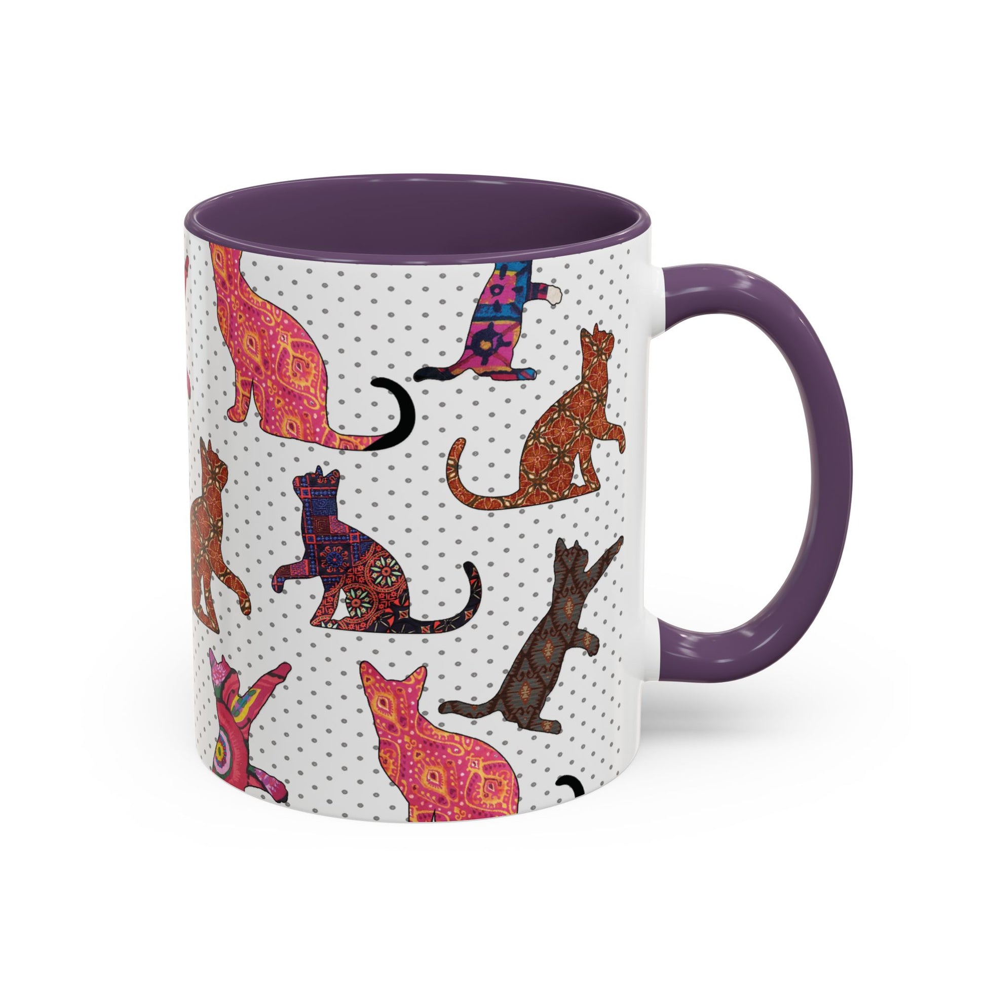 Purple mug with colorful cat silhouette pattern.