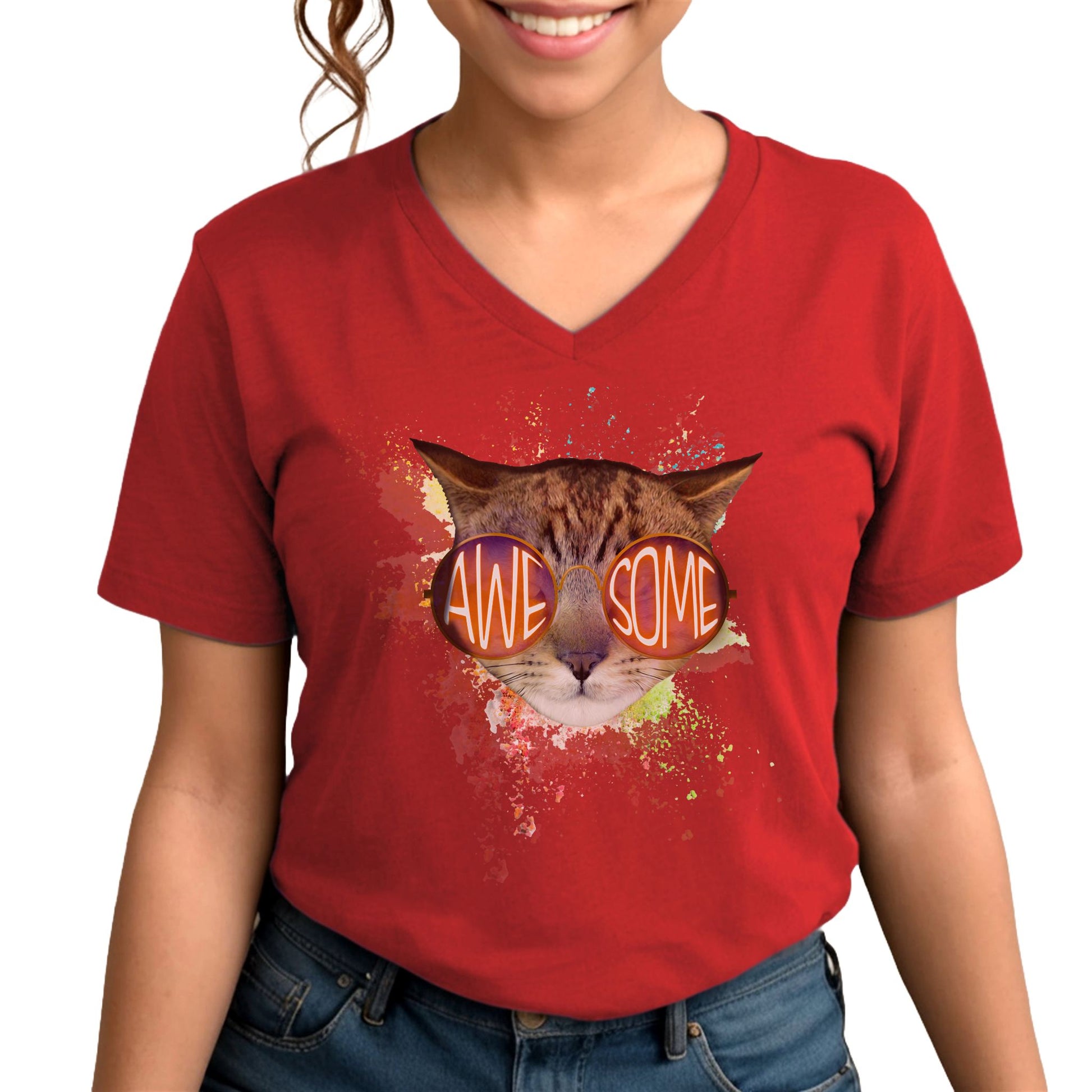 Red Awesome Cat V-Neck T-Shirt