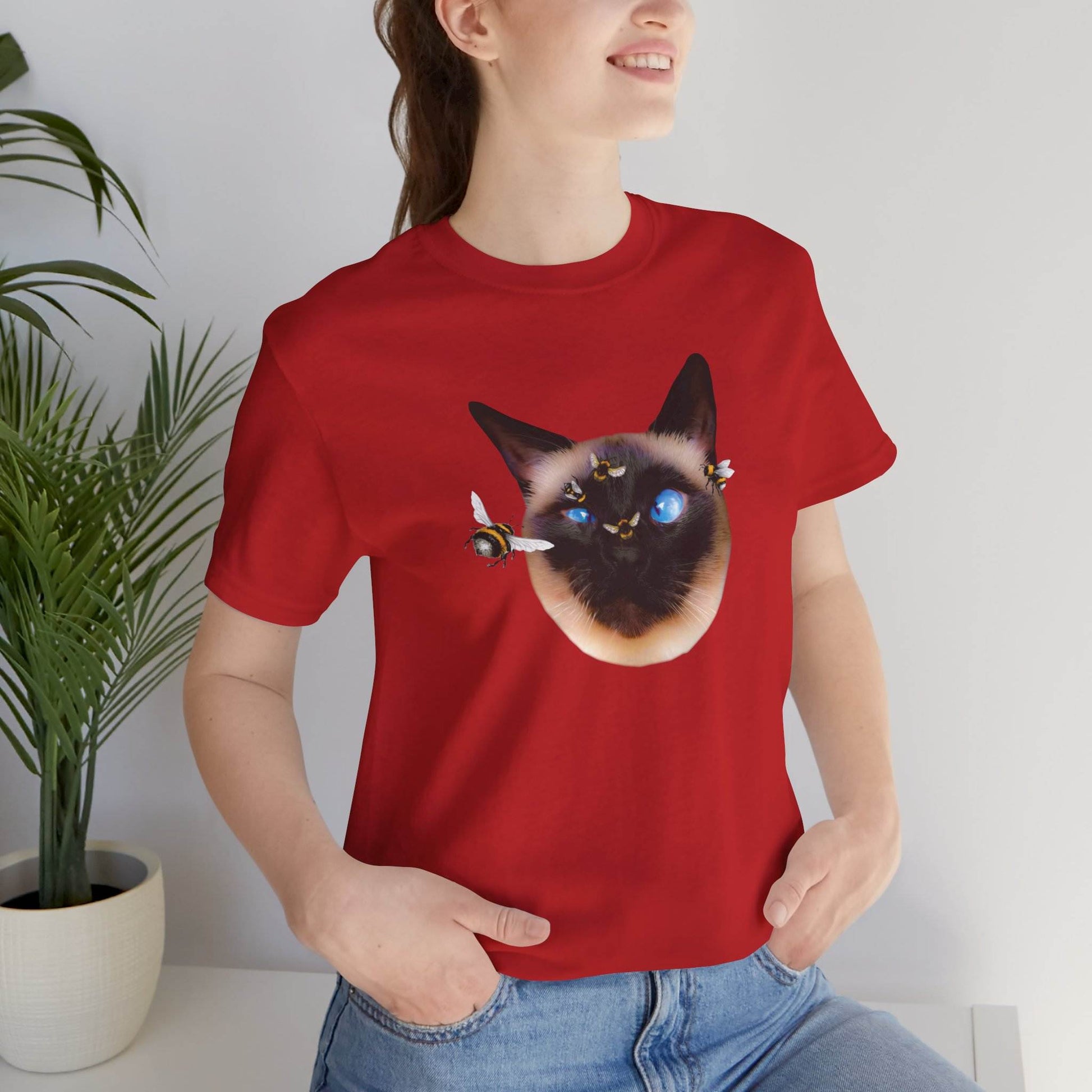 Red Buzz_Off_Siamese_Cat_T-Shirt Unisex Crew Neck