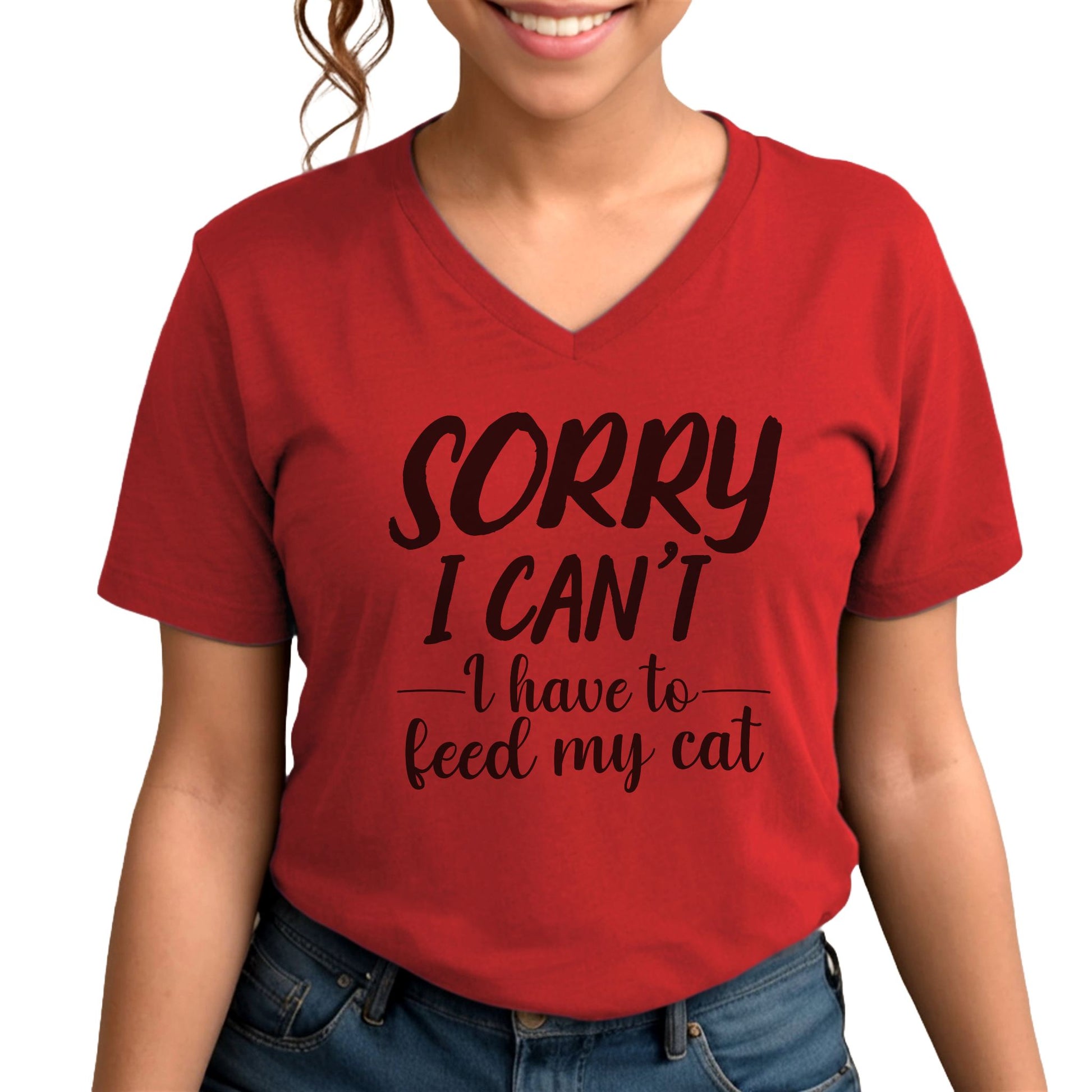 Red Feed My Cat V-Neck T-Shirt Unisex