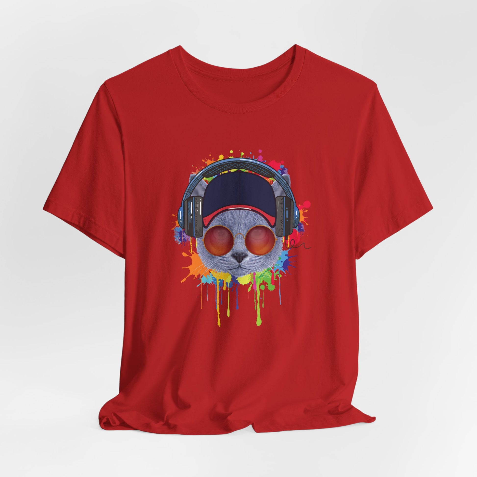 Red Lost In Music Cat T-Shirt Unisex Crew Neck