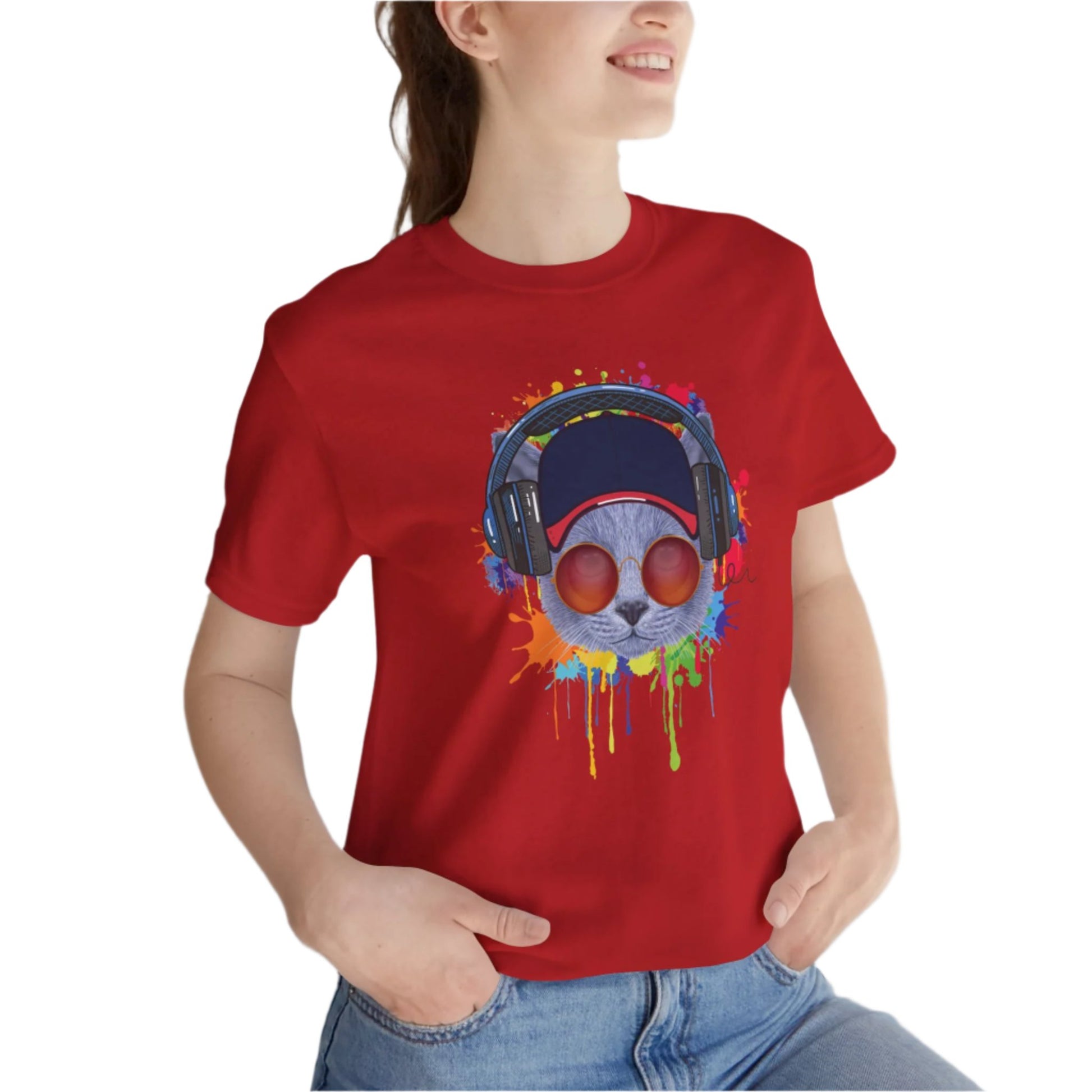 Red Lost In Music Cat T-Shirt Unisex Crew Neck