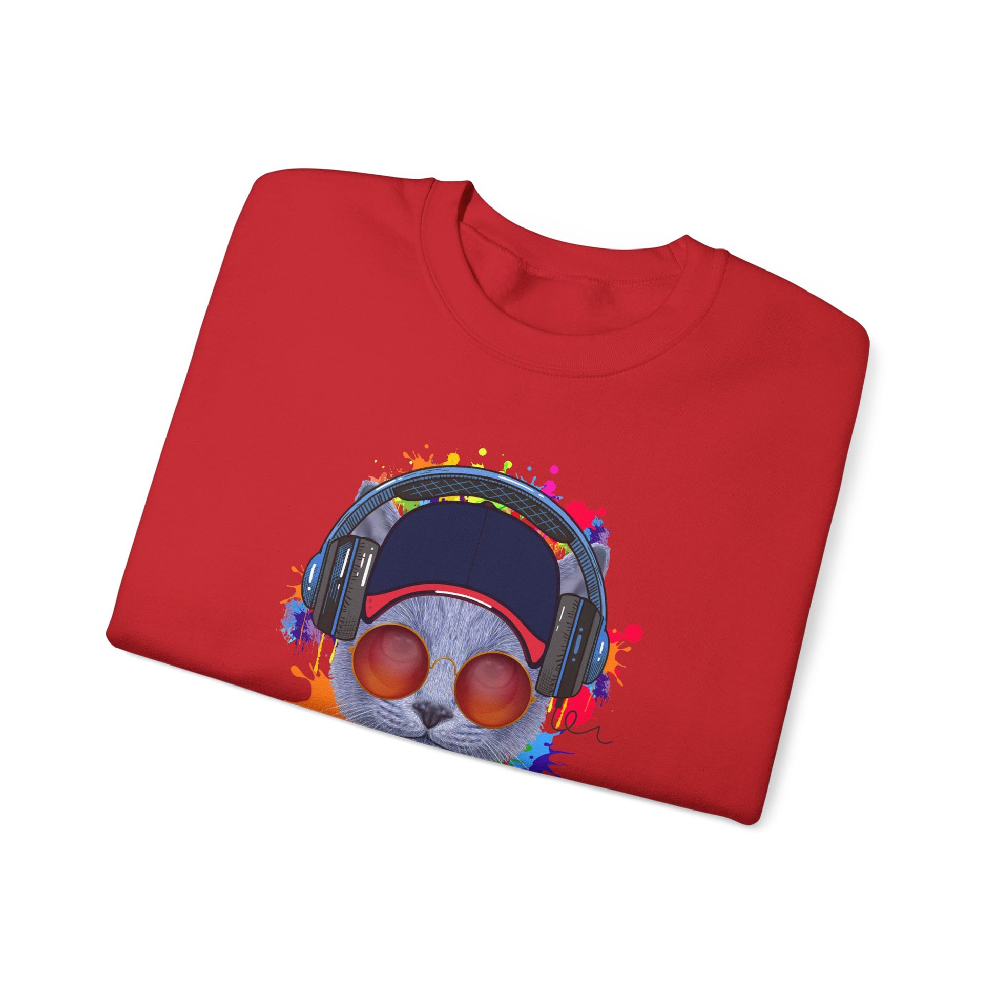 Red Lost In Music Cat Themed Crewneck Unisex Sweatshirt