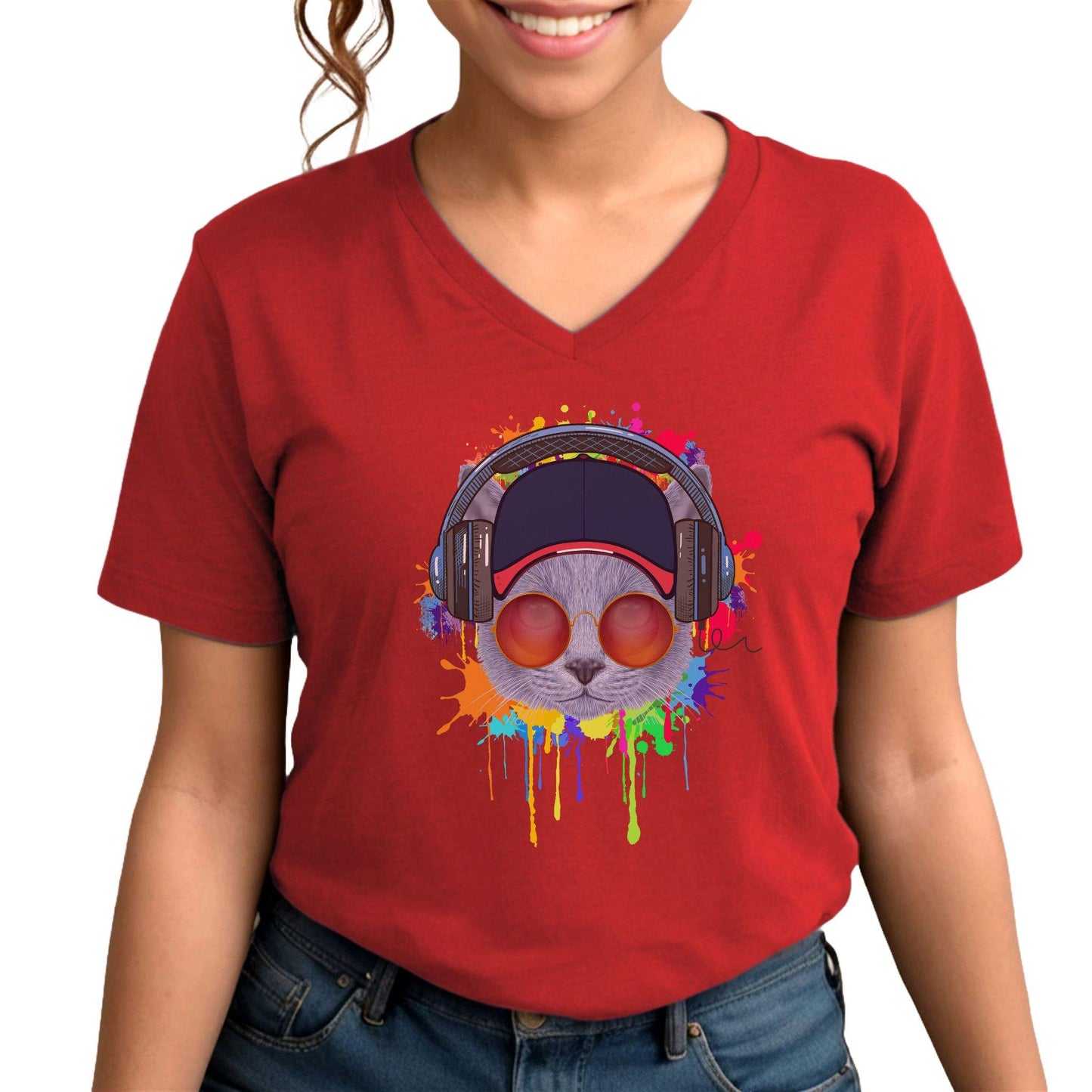 Red Lost In Music Cat T-Shirt V-Neck Unisex