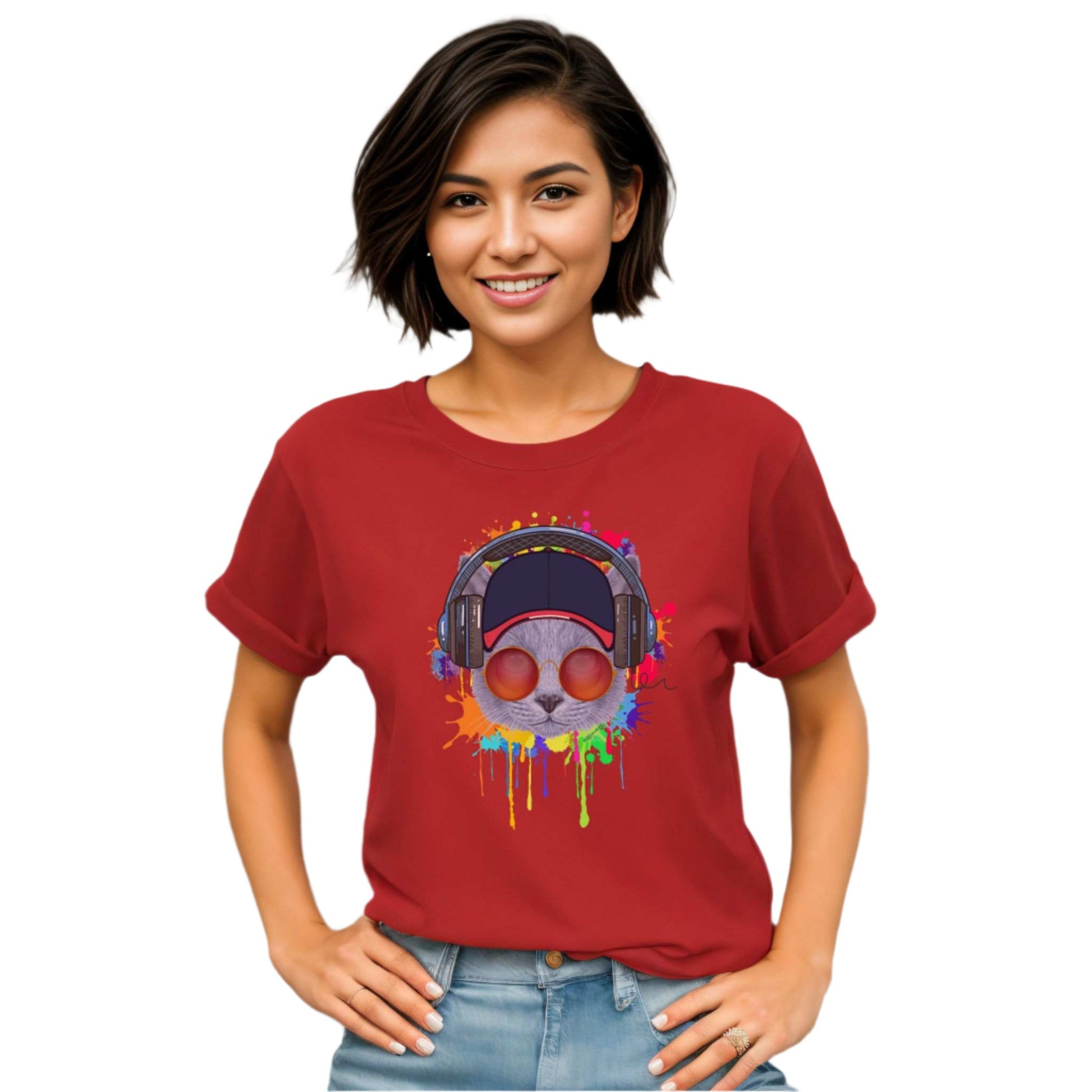 Red Lost In Music Cat T-Shirt Unisex Crew Neck