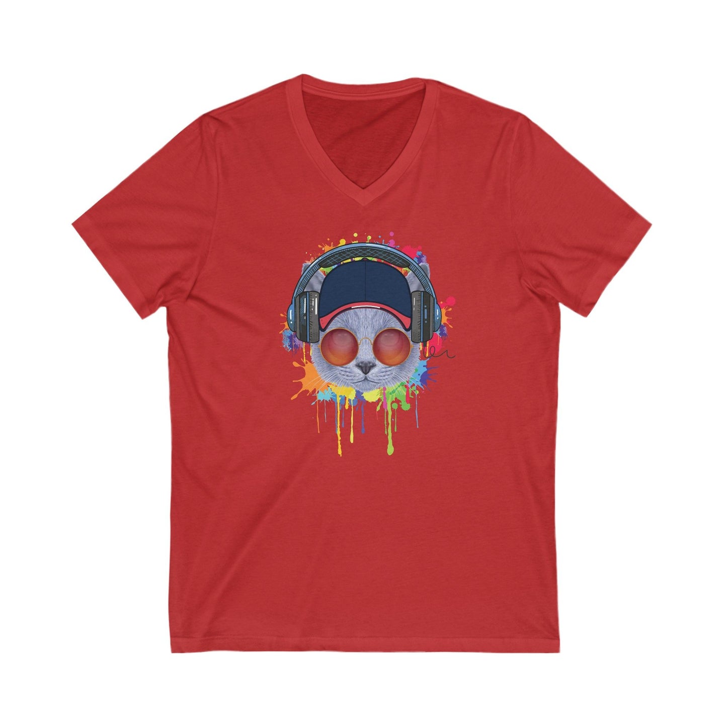Red Lost In Music Cat T-Shirt V-Neck Unisex