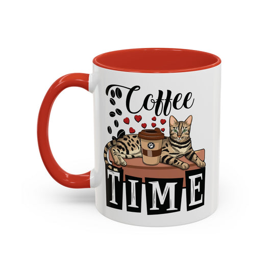 Red mug with Bengal cat, coffee cup, coffee beans and love hearts design with the text "Coffee Time."