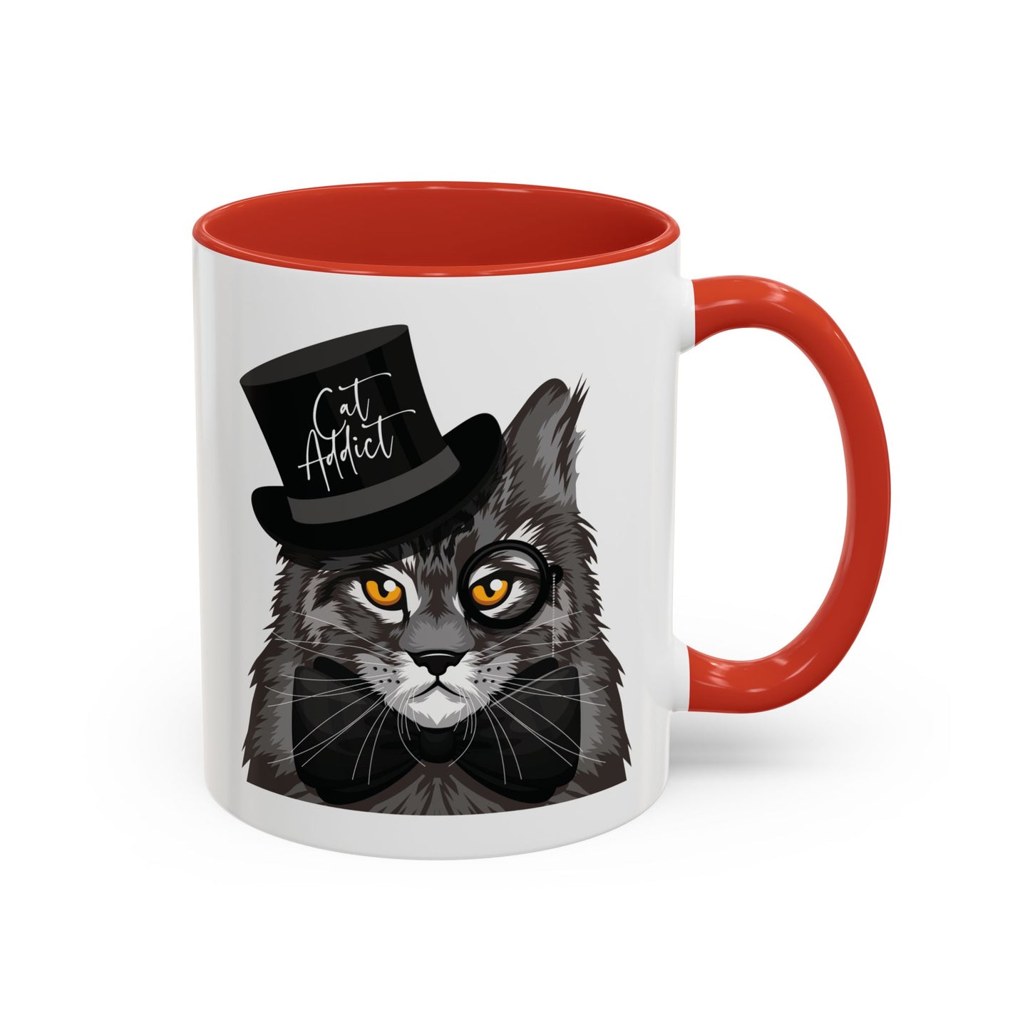 Mug with an illustration of a Maine Coon cat wearing a top hat and the text 'Cat Addict' 