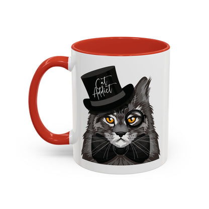 Mug with an illustration of a Maine Coon cat wearing a top hat and the text 'Cat Addict' 