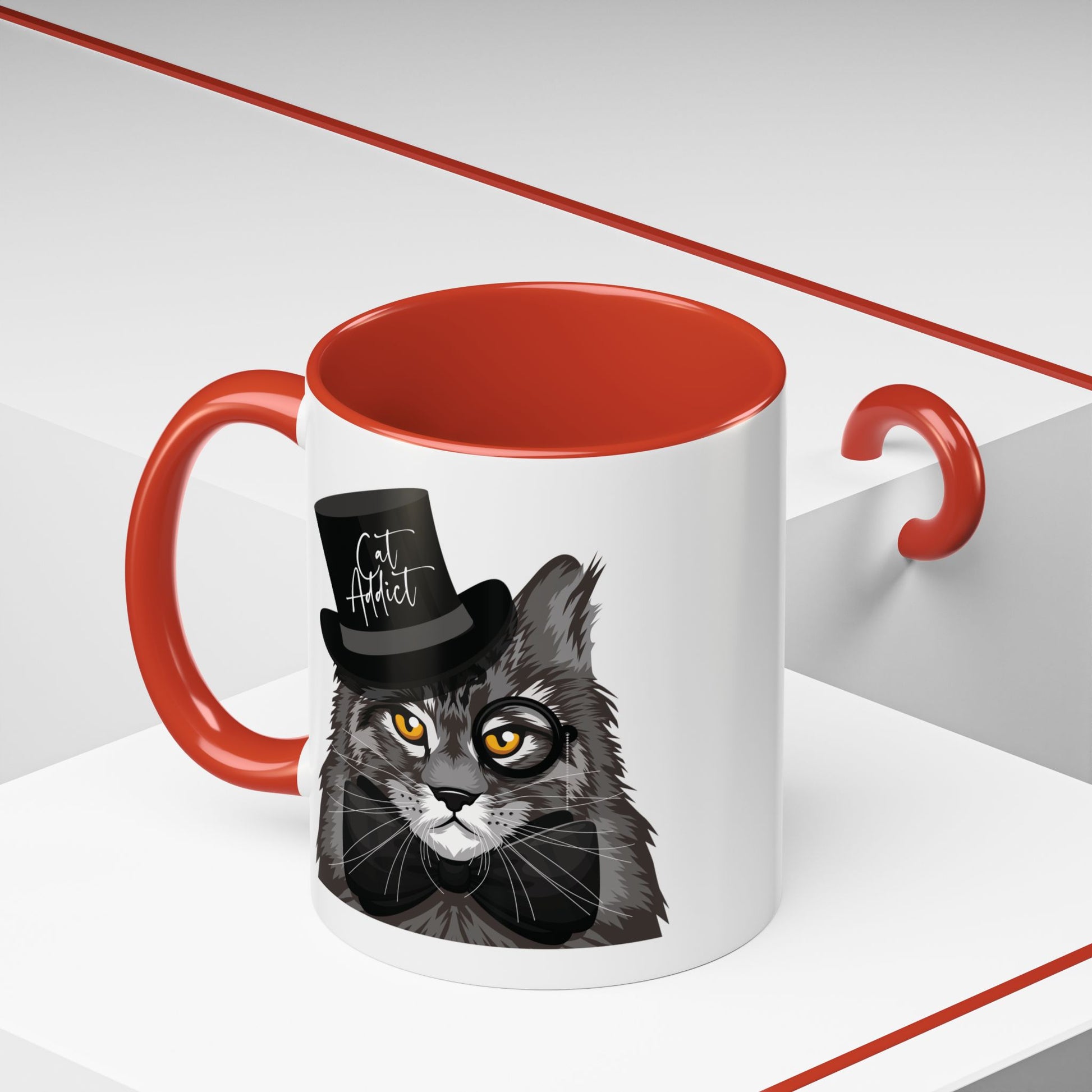 Mug with an illustration of a Maine Coon cat wearing a top hat and the text 'Cat Addict' 