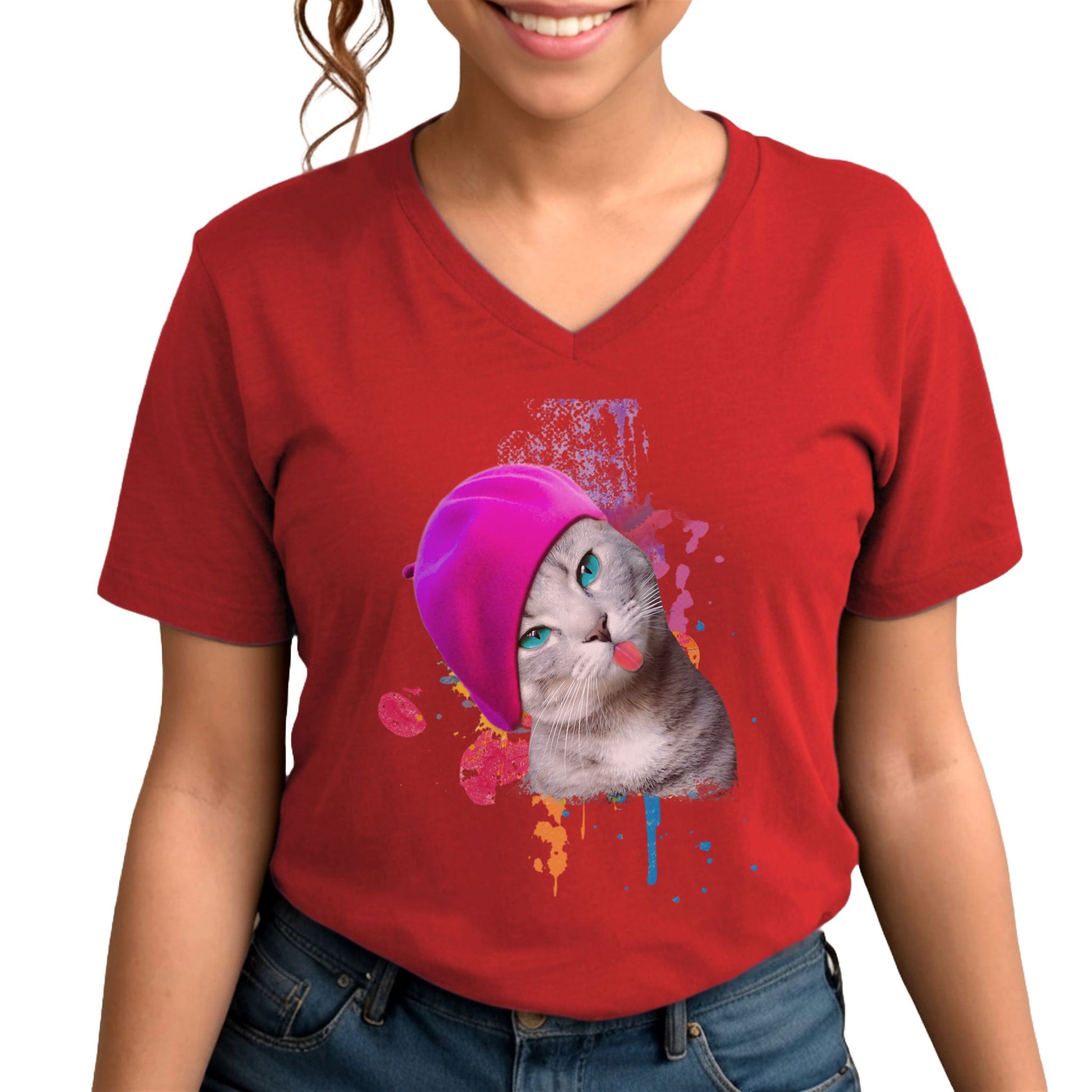 Red Beret Girl Cat V-Neck Cat T-Shirt  