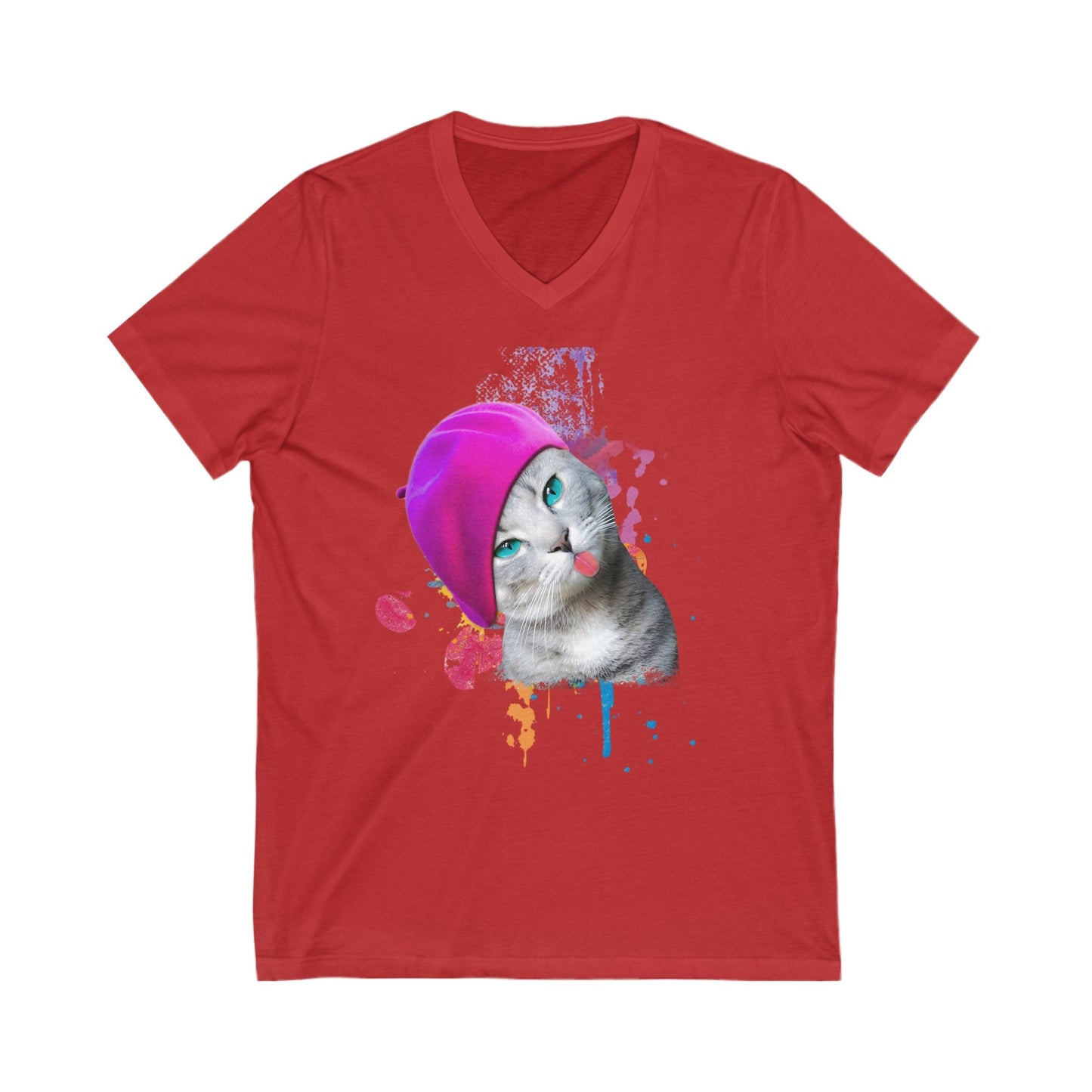 Red Beret Girl Cat V-Neck Cat T-Shirt  