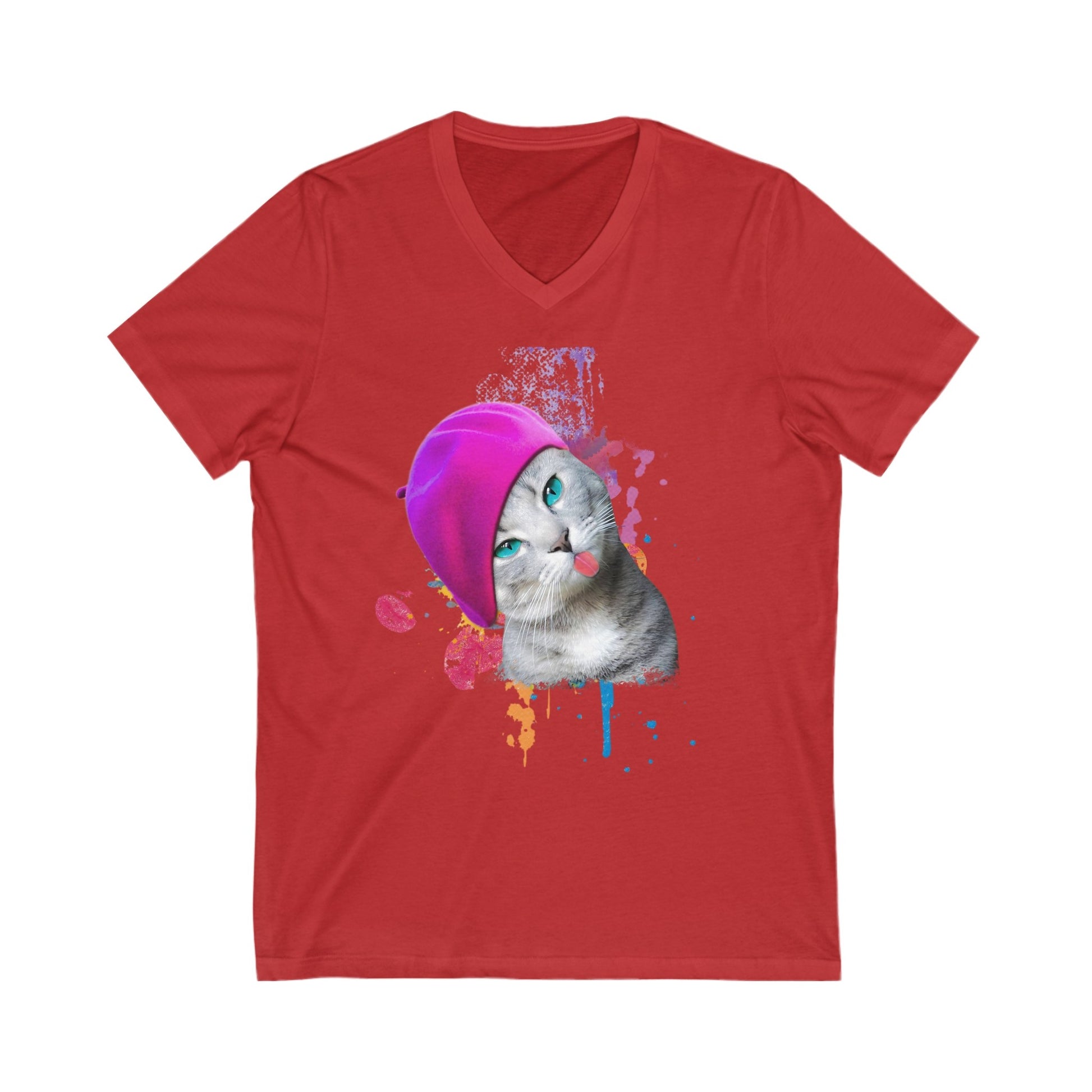Red Beret Girl Cat V-Neck Cat T-Shirt  