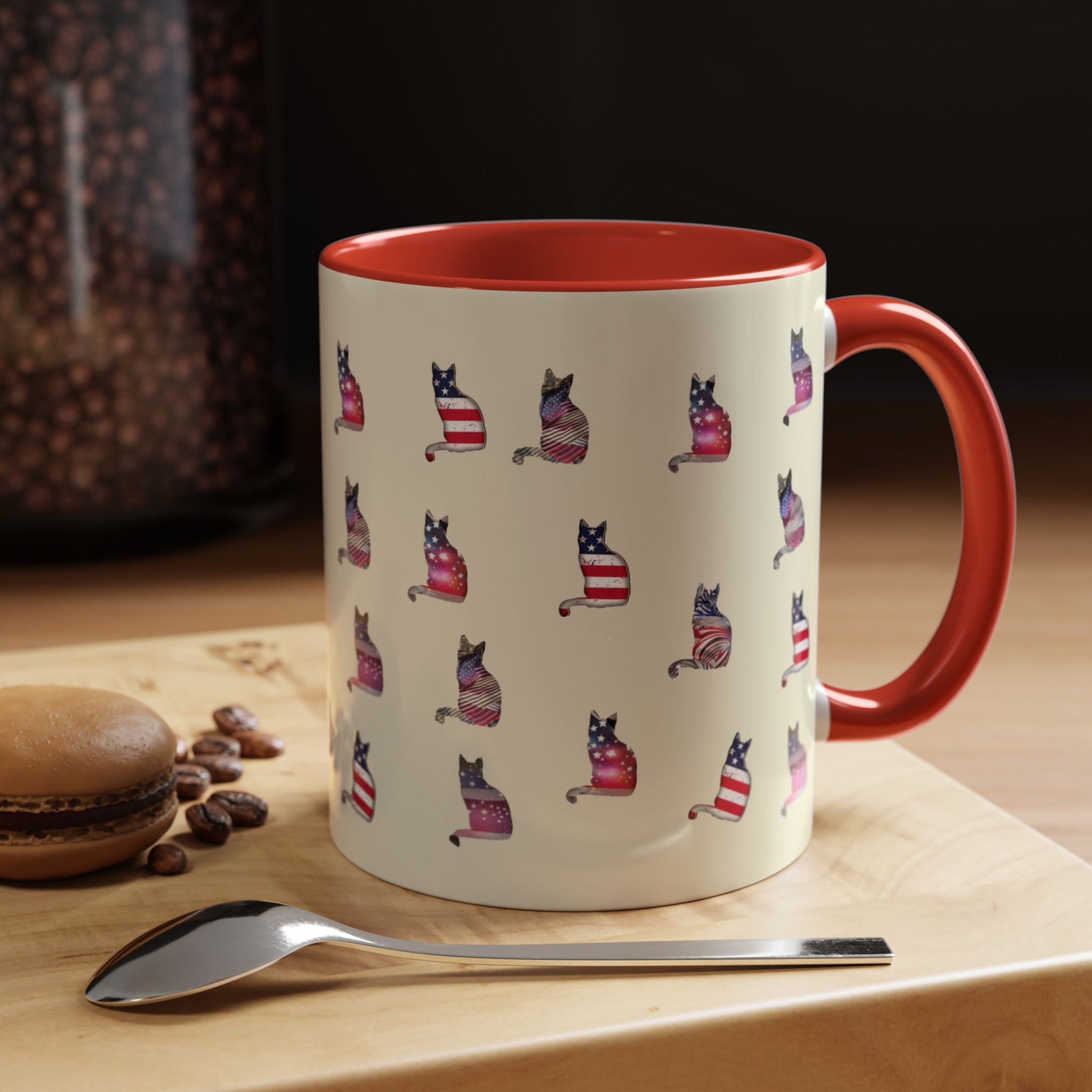 Red mug with LOVE text and cat silhouette graphics in colors of American flag.
