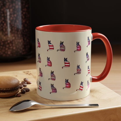 Red mug with LOVE text and cat silhouette graphics in colors of American flag.