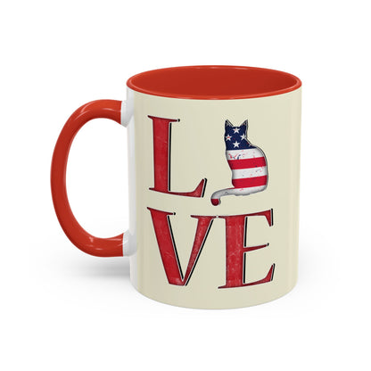 Red mug with LOVE text and cat silhouette graphics in colors of American flag.