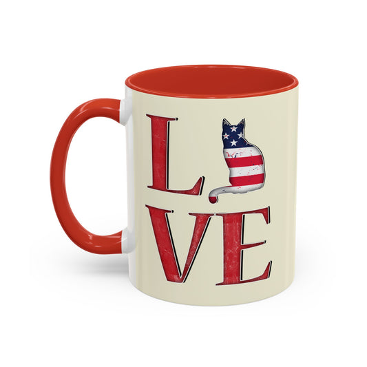 Red mug with LOVE text and cat silhouette graphics in colors of American flag.