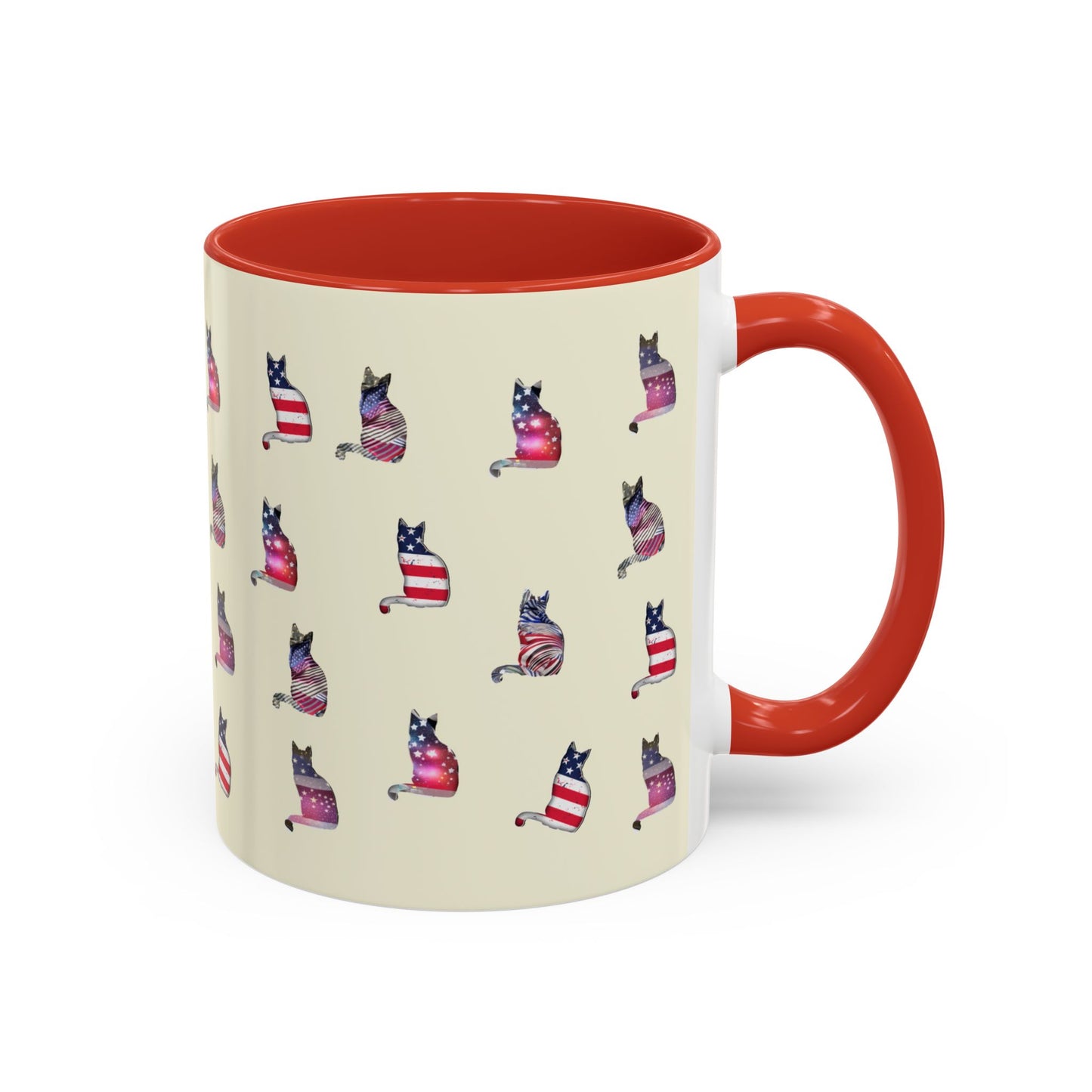 Red mug with LOVE text and cat silhouette graphics in colors of American flag.