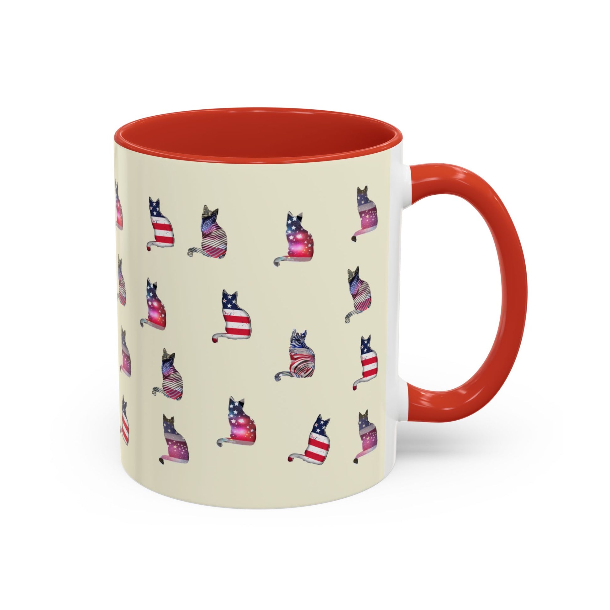 Red mug with LOVE text and cat silhouette graphics in colors of American flag.