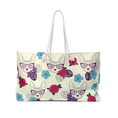 Sphynx Cat Themed Weekender Tote Bag With Flowers & Sphynx Cat 