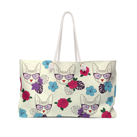 Sphynx Cat Themed Weekender Tote Bag With Flowers & Sphynx Cat 