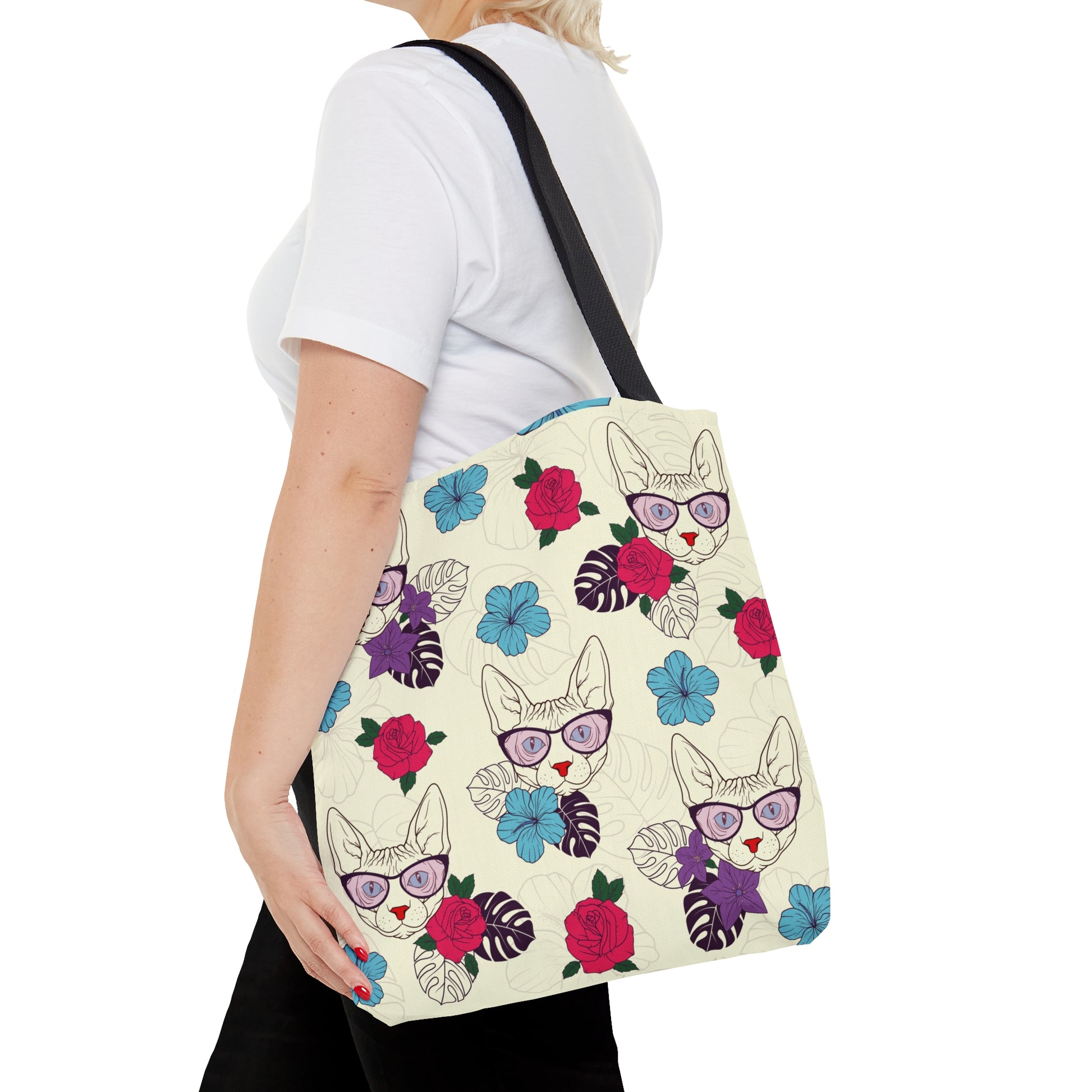 Tote bag with Sphynx cat and flower pattern on a cream background