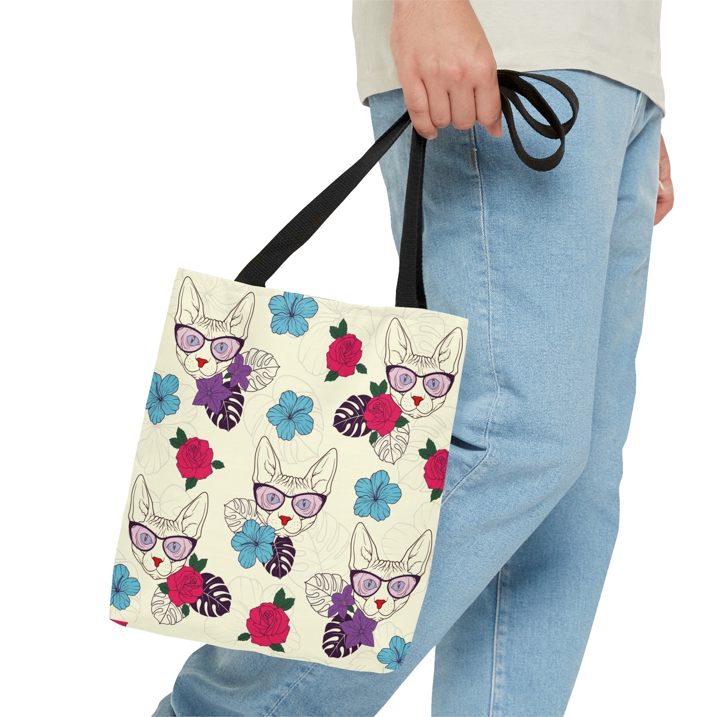 Tote bag with Sphynx cat and flower pattern on a cream background