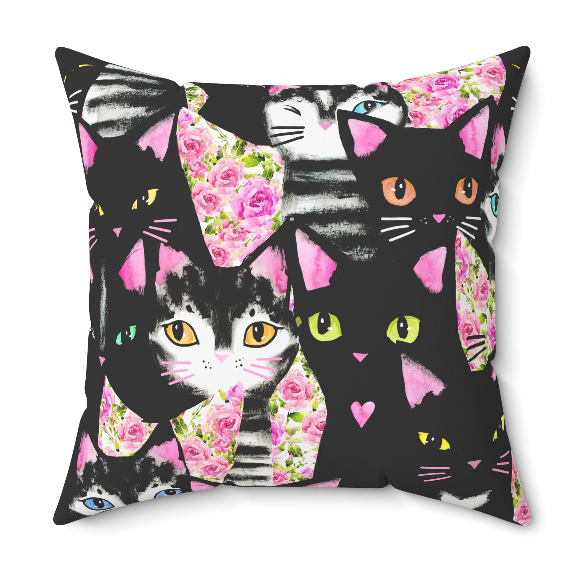 Square Throw pillow with Geometric pattern of cats and roses