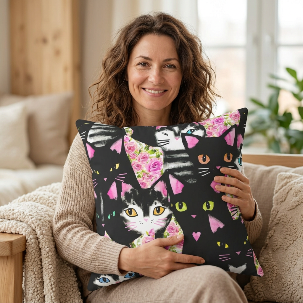 Square Throw pillow with Geometric pattern of cats and roses