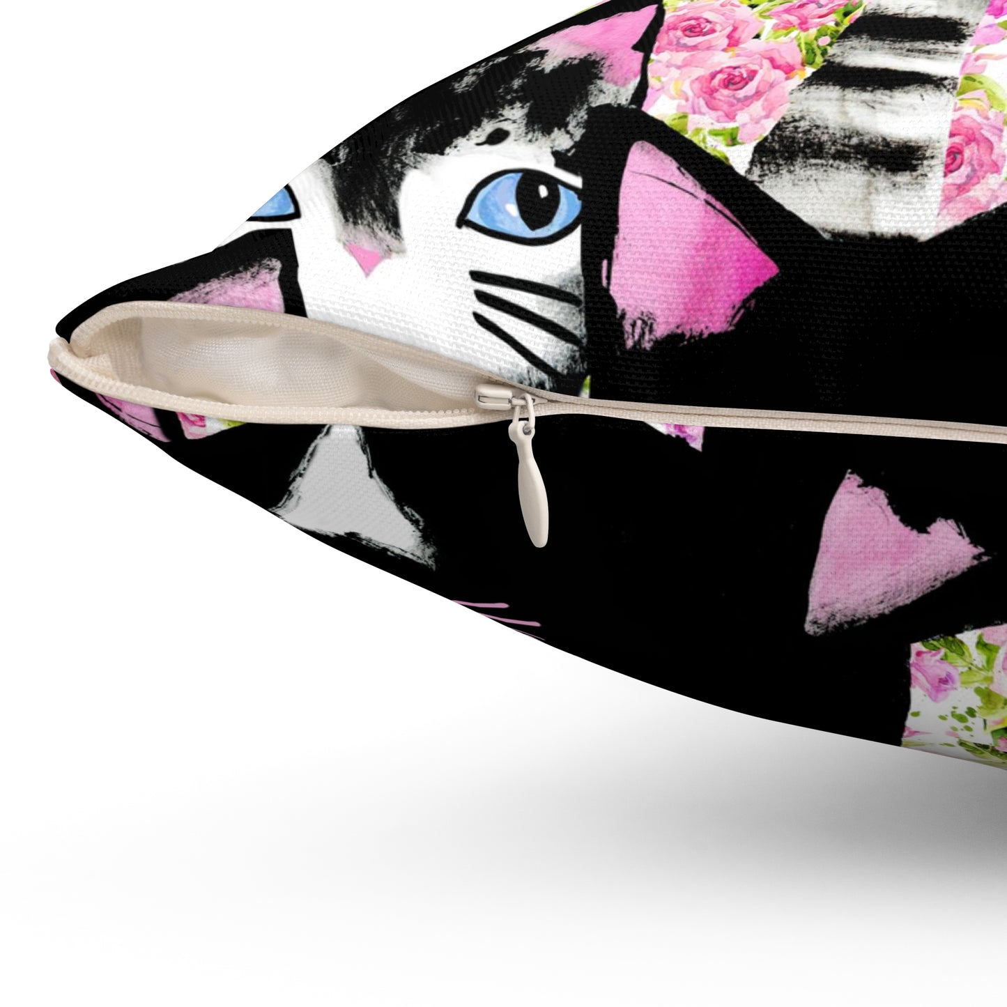 Square Throw pillow with Geometric pattern of cats and roses