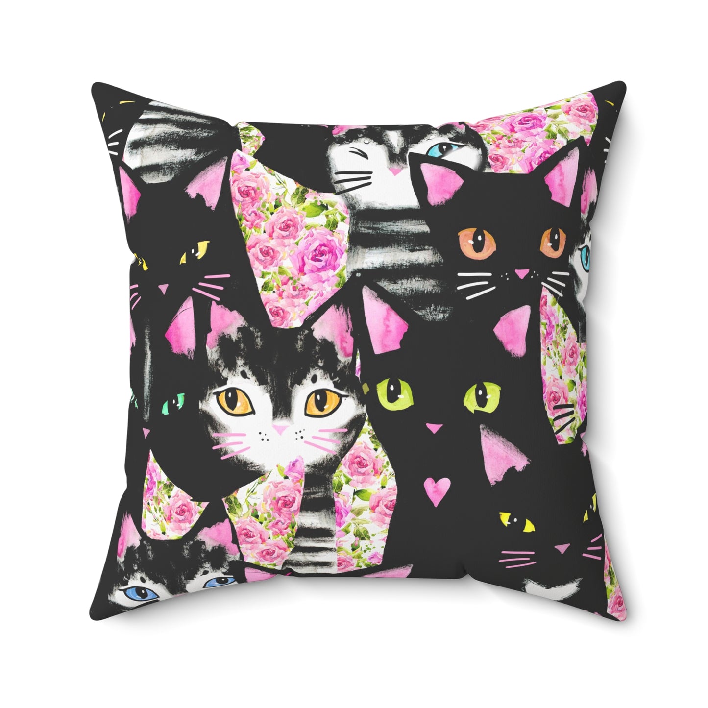 Square Throw pillow with Geometric pattern of cats and roses