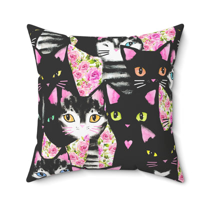 Square Throw pillow with Geometric pattern of cats and roses