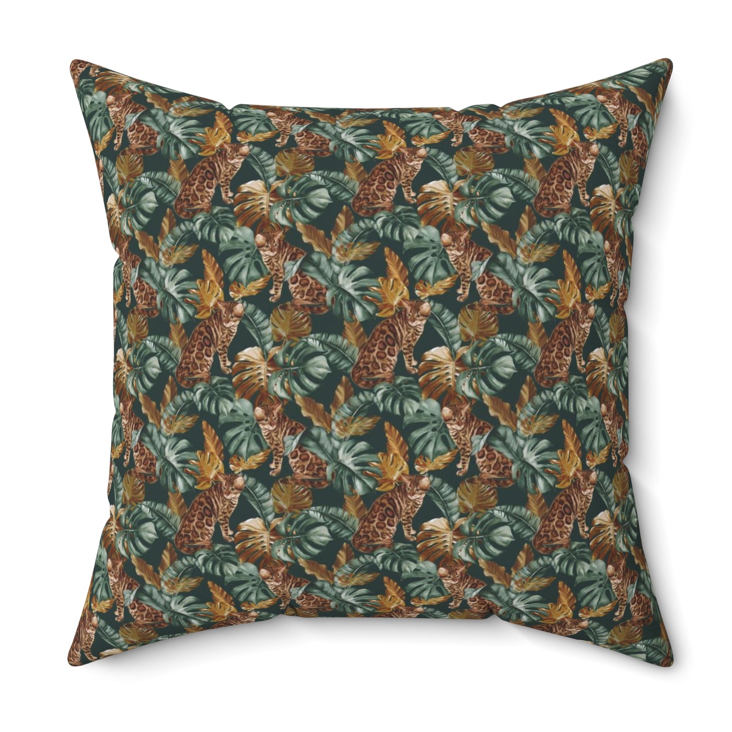 Square throw pillow with Bengal cat and oversized tropical leaf pattern 