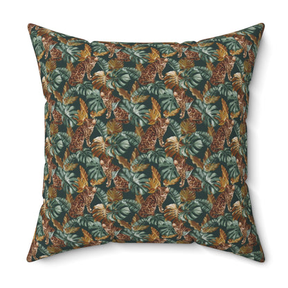 Square throw pillow with Bengal cat and oversized tropical leaf pattern 