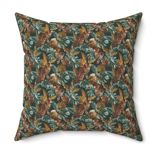Square throw pillow with Bengal cat and oversized tropical leaf pattern 