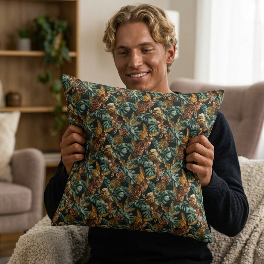 Square throw pillow with Bengal cat and oversized tropical leaf pattern 