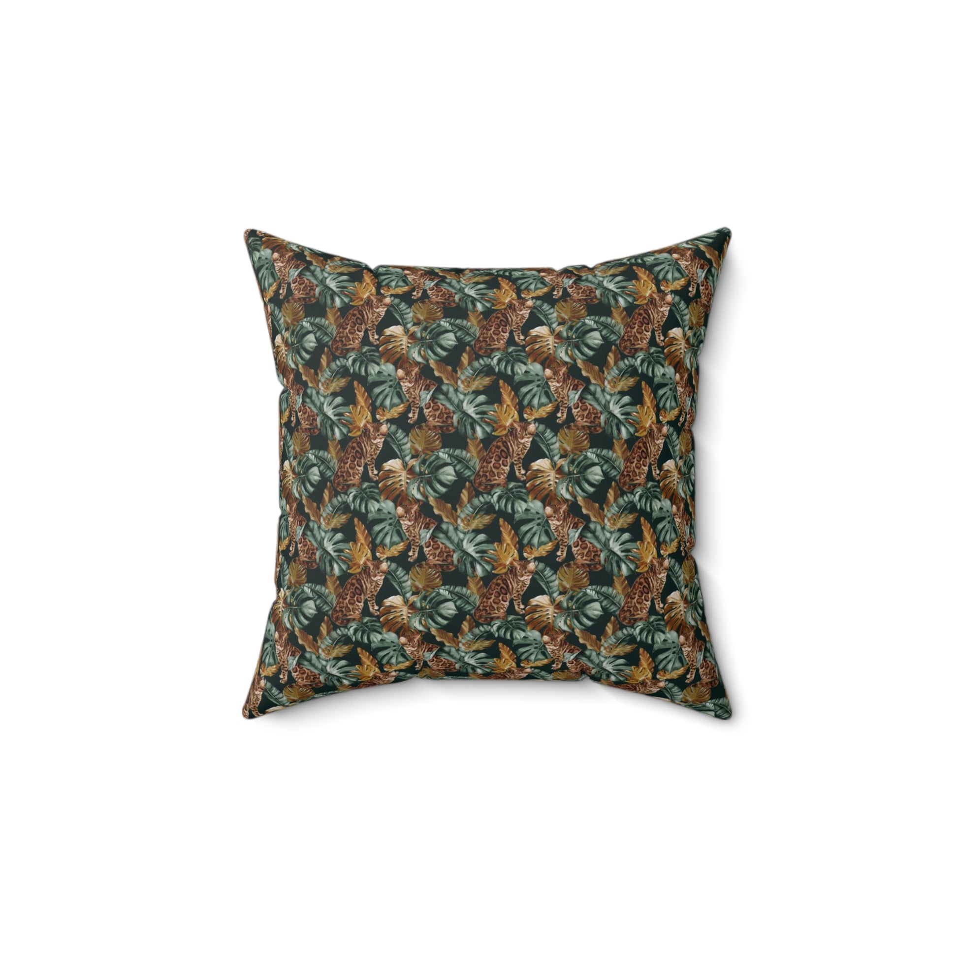 Square throw pillow with Bengal cat and oversized tropical leaf pattern 
