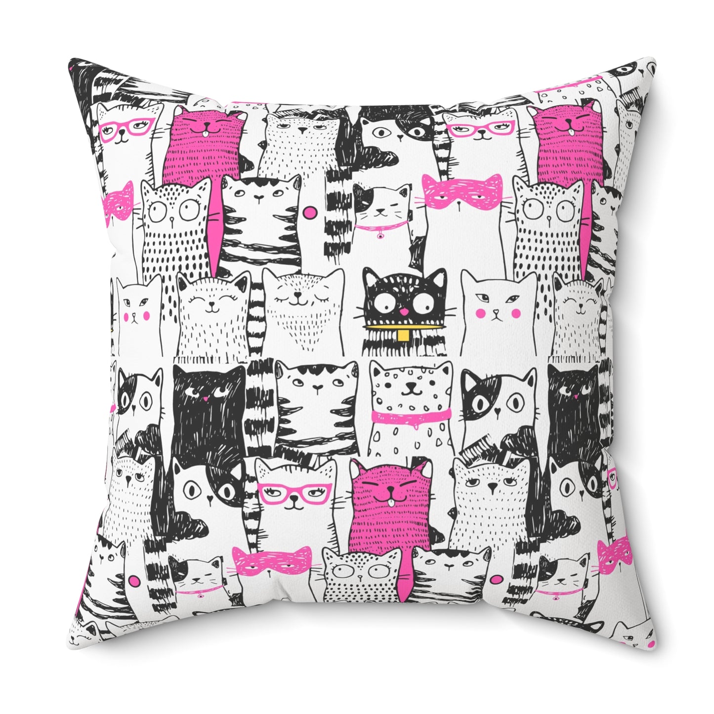 Square throw pillow with black-and-white cartoon cat pattern with bright pink color pop 